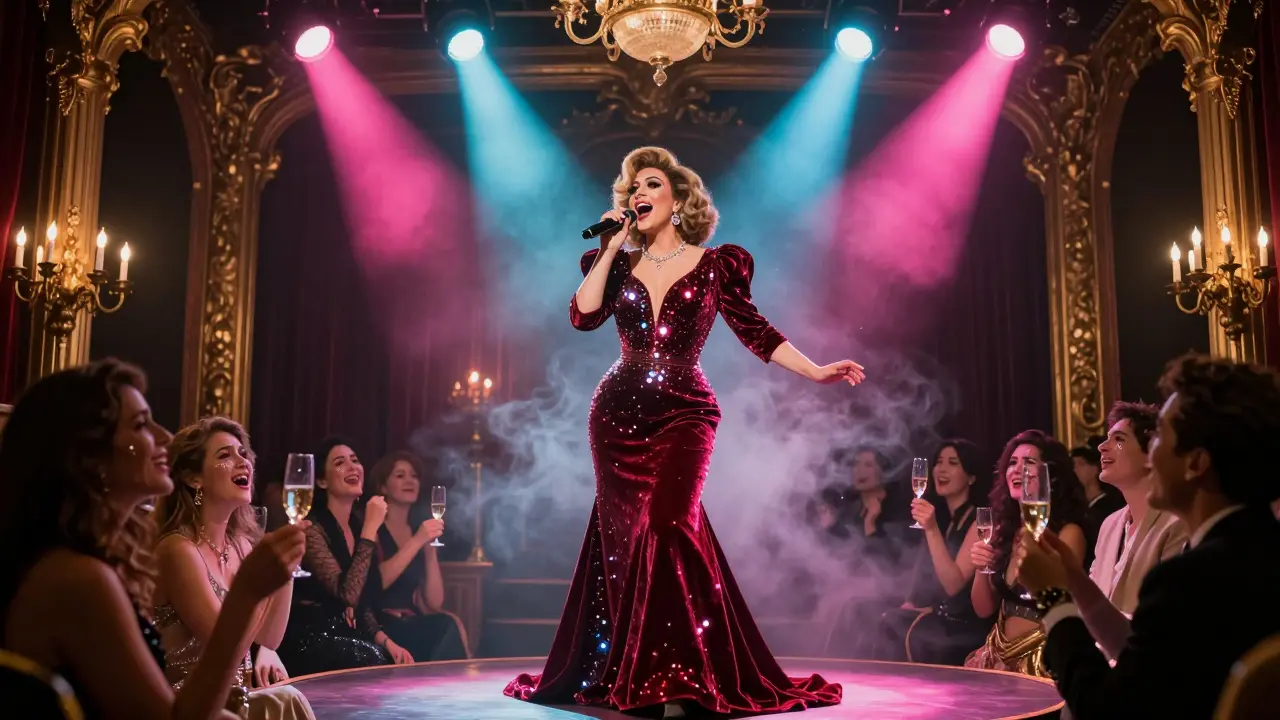 A drag performer in glittering costume sings on stage at Le Palace, audience captivated by dramatic lighting and ornate decor.