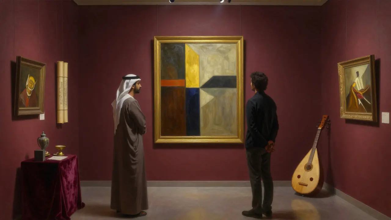 A guest and curator admiring a painting in a private Abu Dhabi art gallery after hours, surrounded by cultural artifacts.