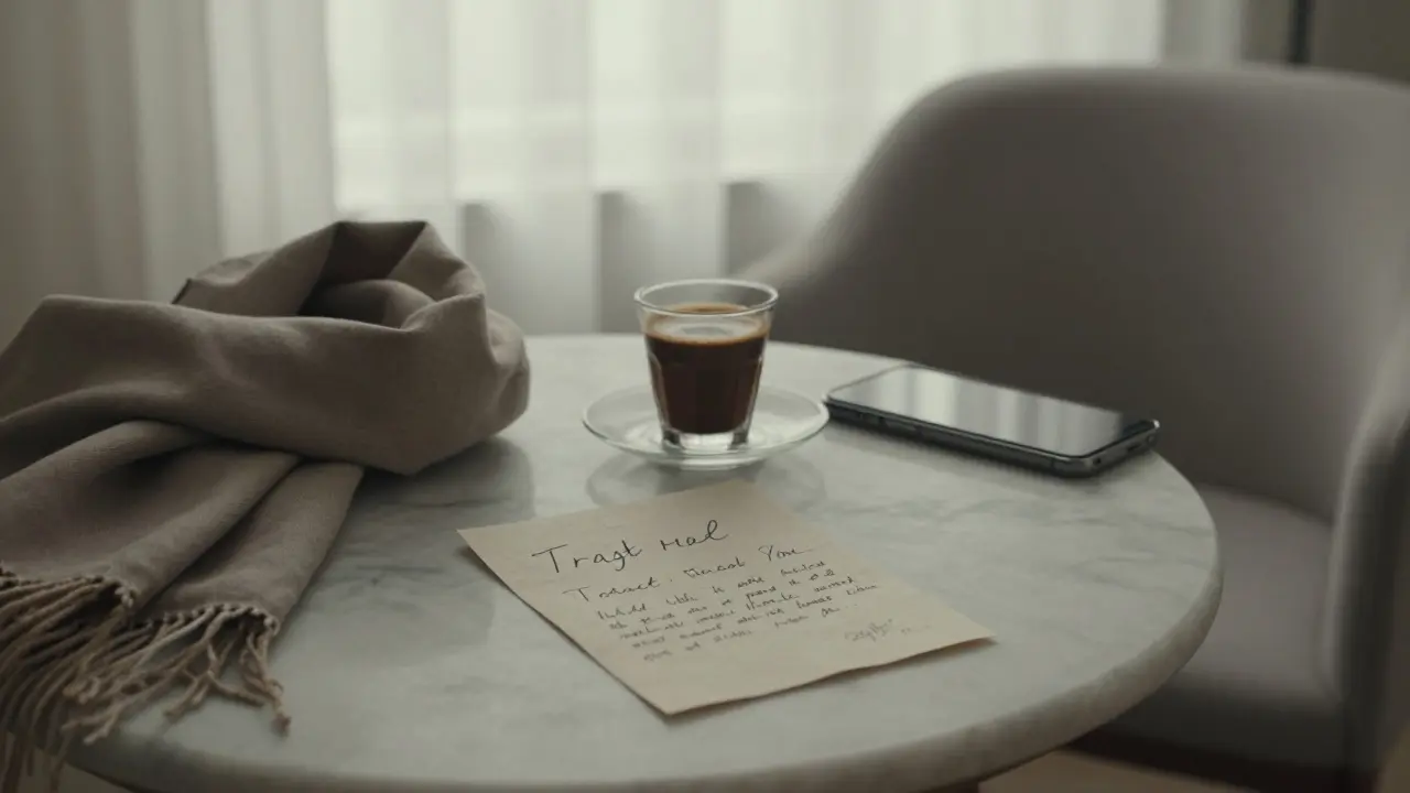 A handwritten note and Arabic coffee on a marble table, symbolizing discretion and respect.