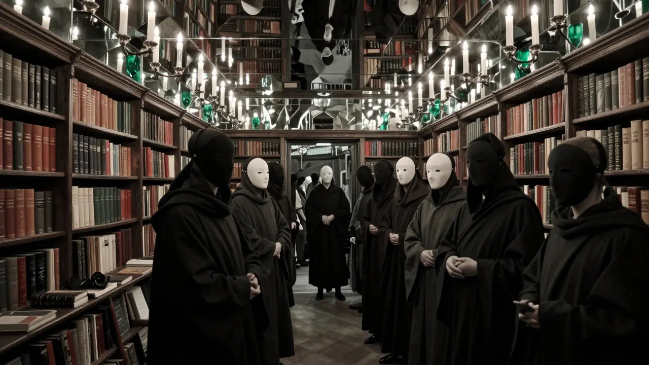 A hidden cellar lined with mirrors reflects endless candlelight, where silent figures in shadow gather among ancient books.
