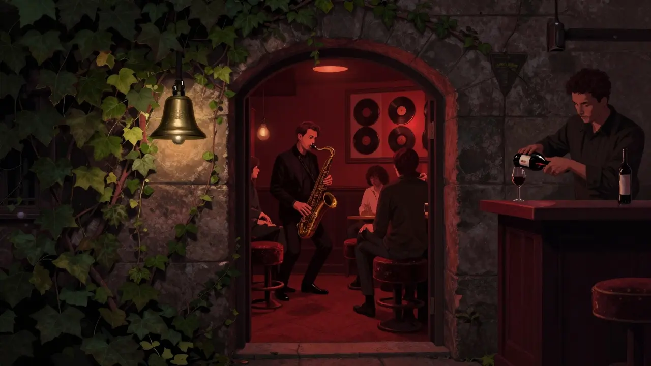 A hidden jazz club entrance hidden by ivy, with dim red lighting and a saxophonist playing in a small basement room.