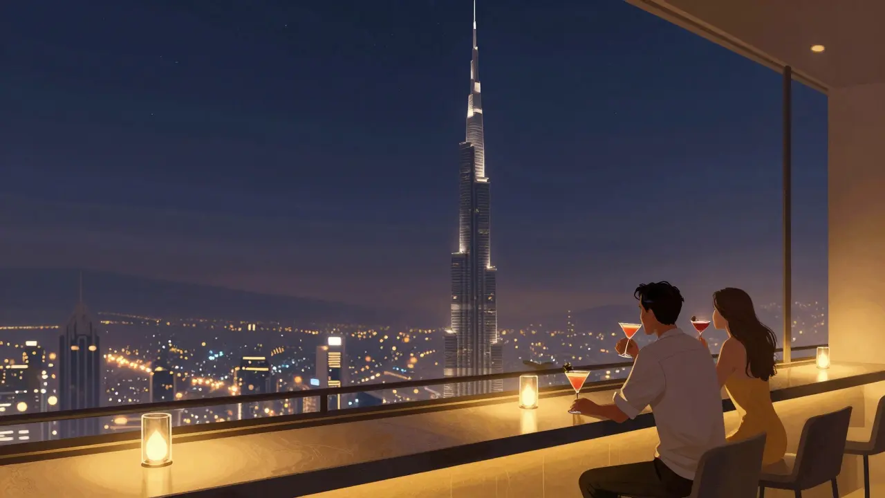 A luxurious rooftop bar high above Dubai, couple enjoying cocktails with the Burj Khalifa and city lights stretching into the night.