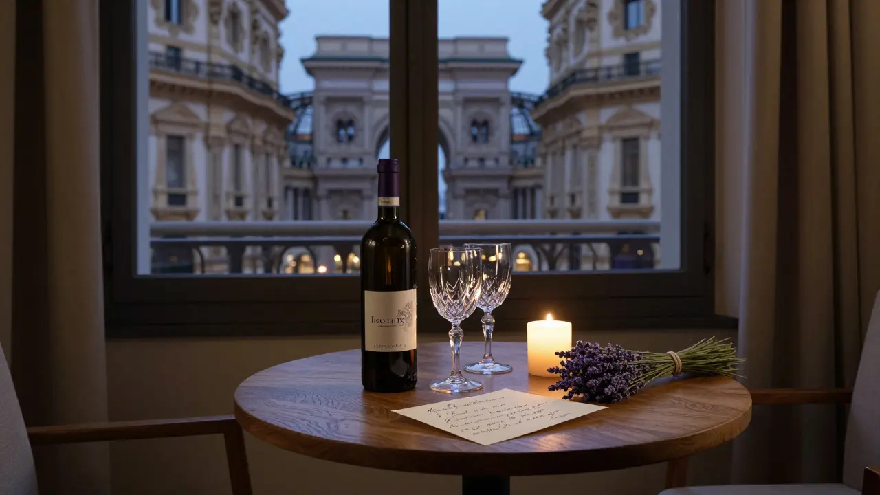A luxury hotel suite with wine, a handwritten note, and lavender on a wooden table.