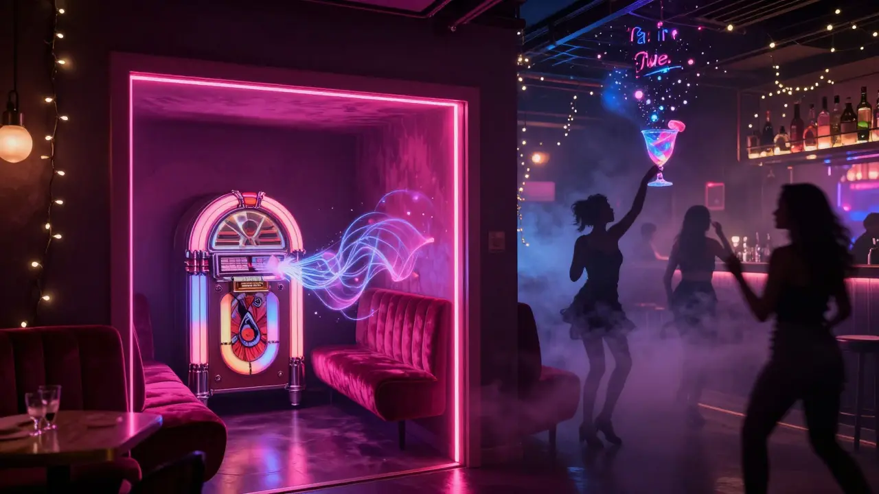 A magical hidden queer bar in Oberkampf with floating velvet booths and glowing cocktails turning into floating lanterns.