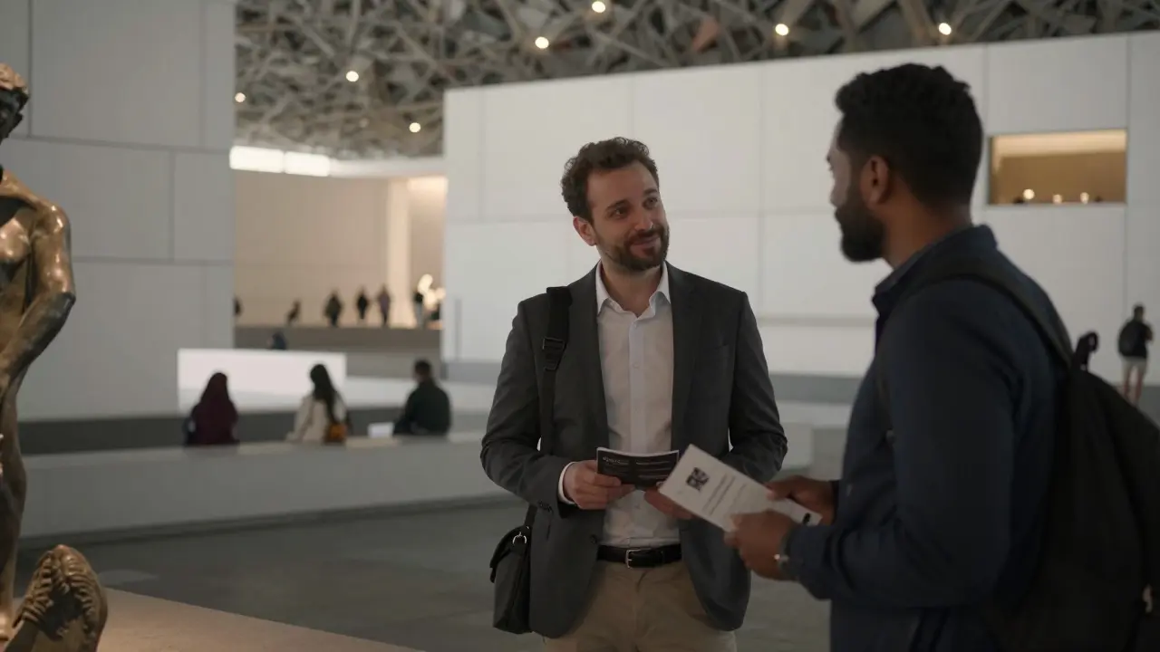 A man and woman chatting calmly at Louvre Abu Dhabi, surrounded by art and quiet visitors, natural evening light.