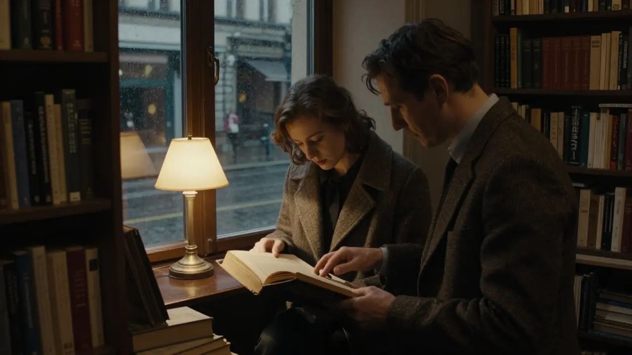 A man and woman discovering a rare book together in a dimly lit Berlin bookstore.