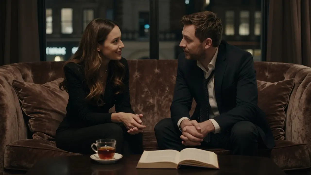 A man and woman engaged in quiet conversation on a sofa, no physical contact, tea and books nearby.
