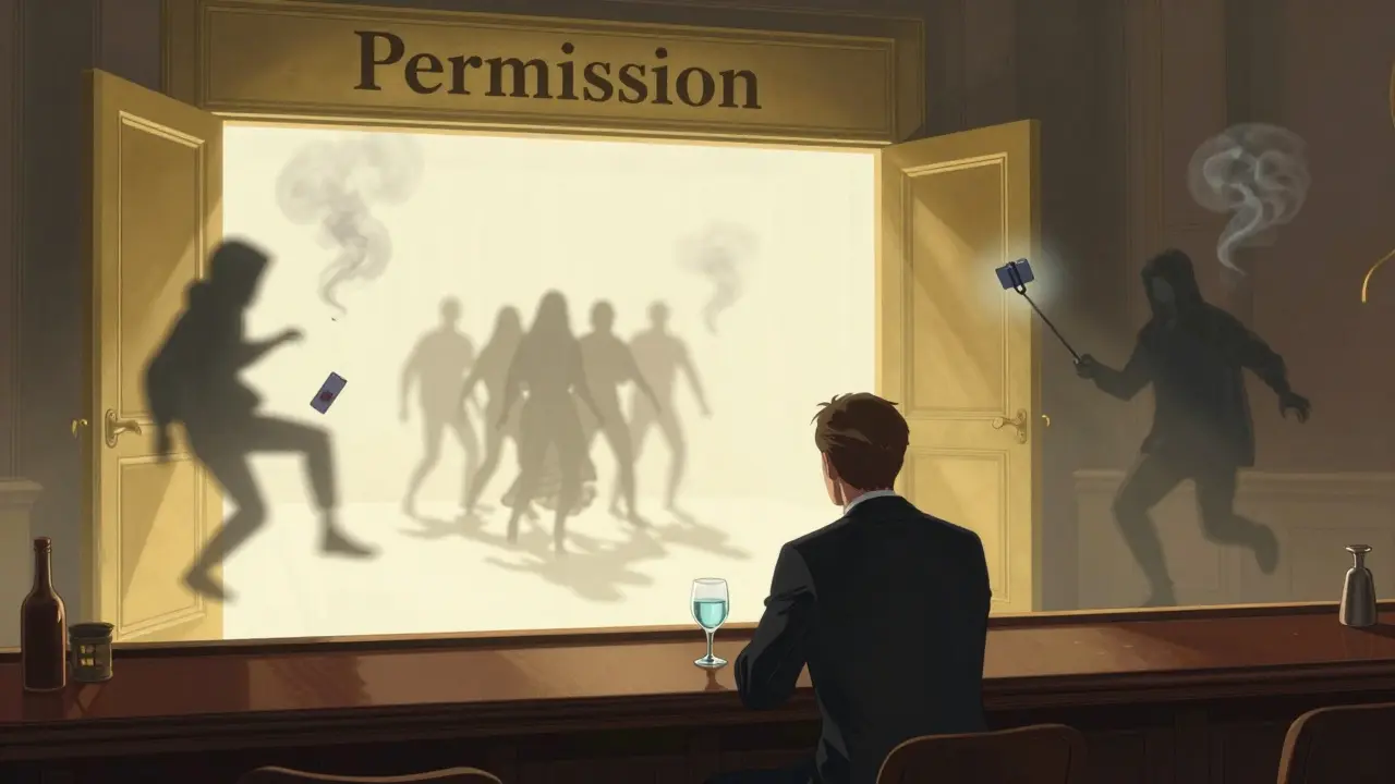 A man sitting alone at a bar with ghostly banned items fading around him, a golden door opening behind.