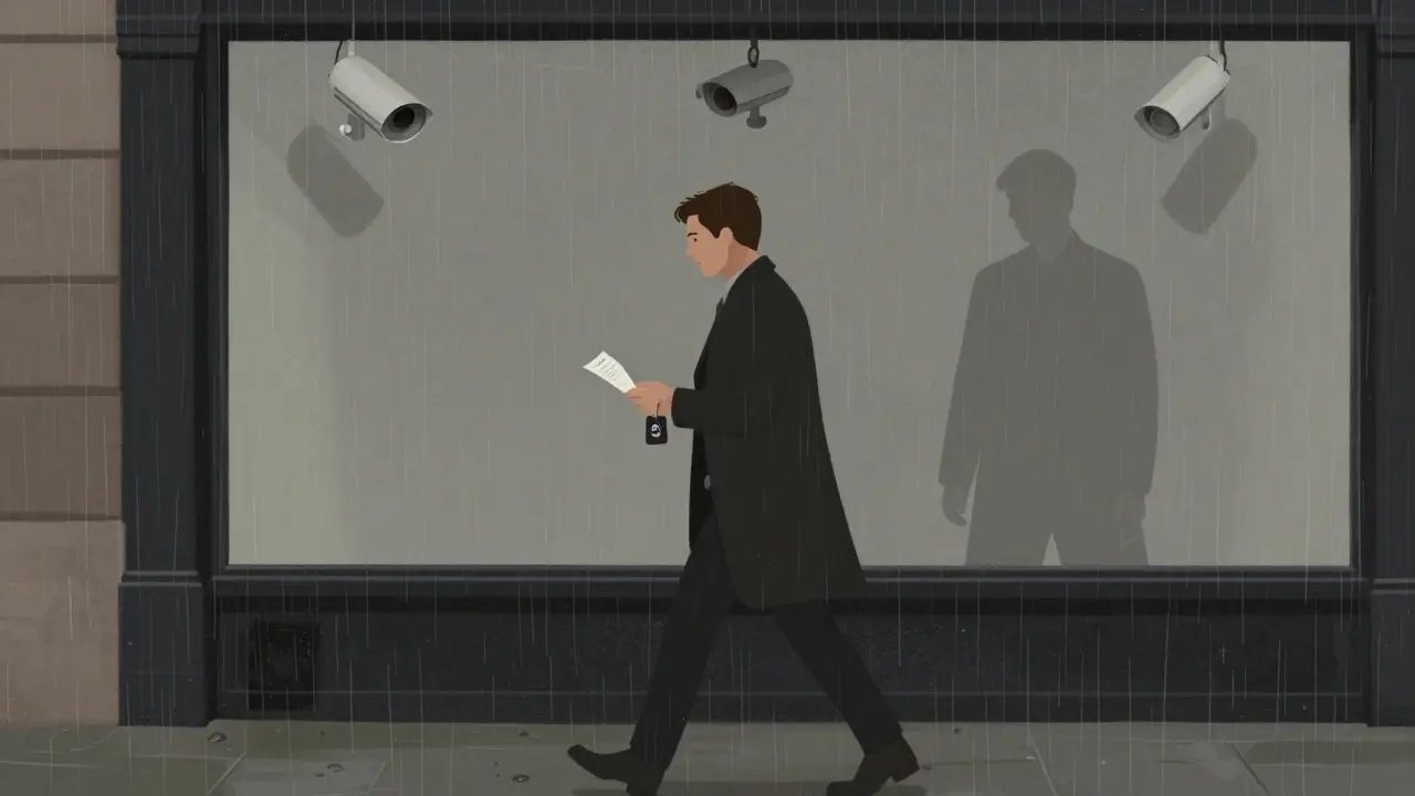 A man walks through rainy London streets, his reflection showing a fading figure beside him.