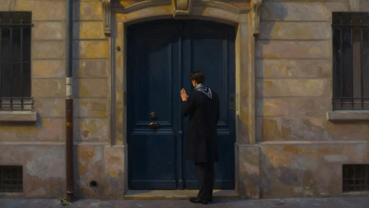 A person hesitating at a hidden door to an exclusive Parisian nightclub in a quiet alley.