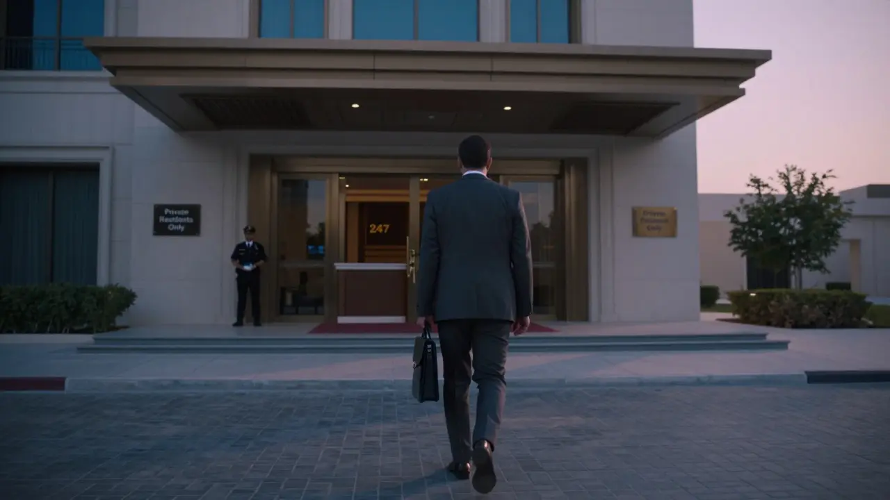 A person leaving a secure luxury apartment building in Abu Dhabi at dawn.