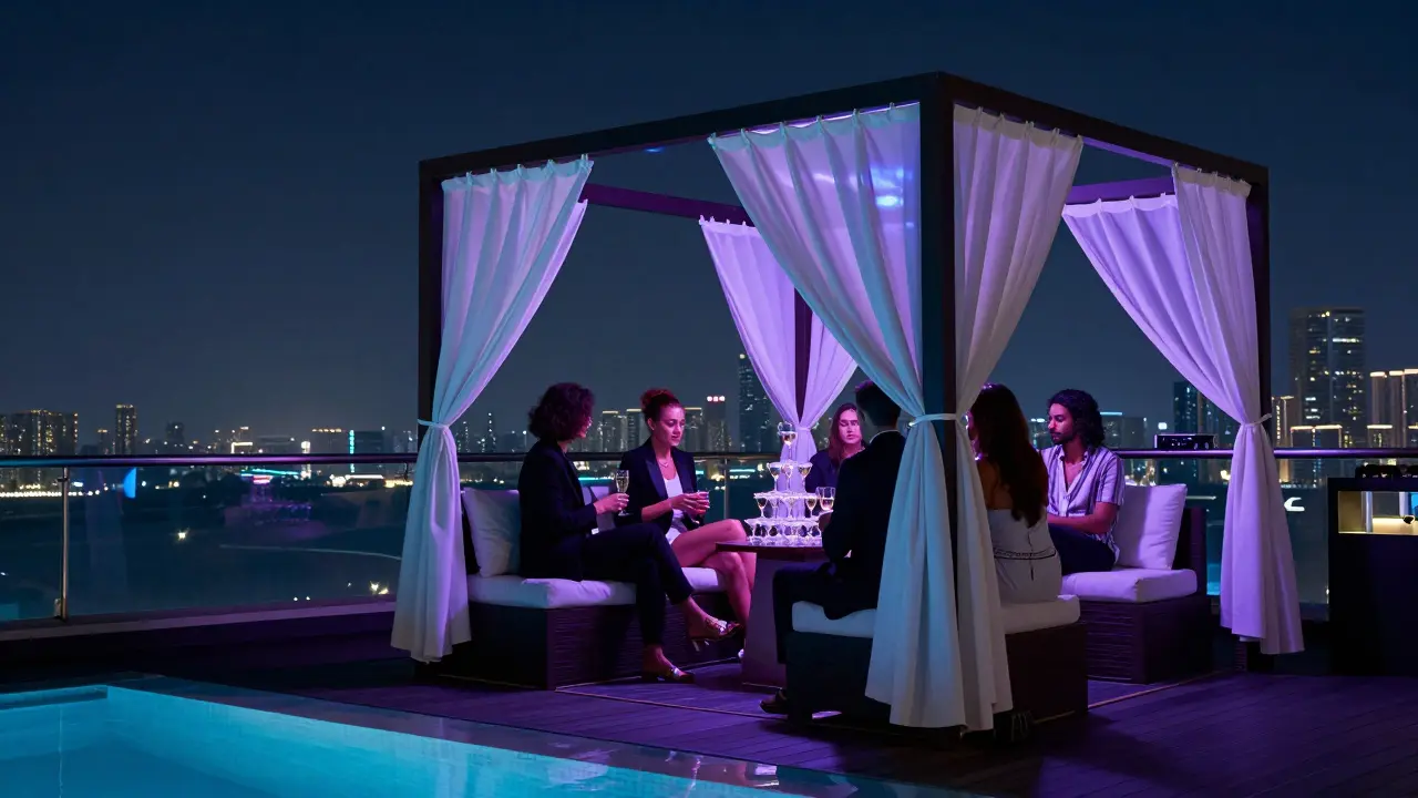 A private rooftop club with champagne towers and elegant guests under neon-lit skyline views.