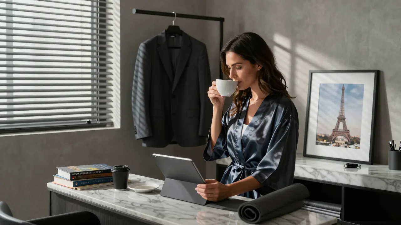 A professional woman in her modern Abu Dhabi apartment, surrounded by books and personal items, serene morning light.
