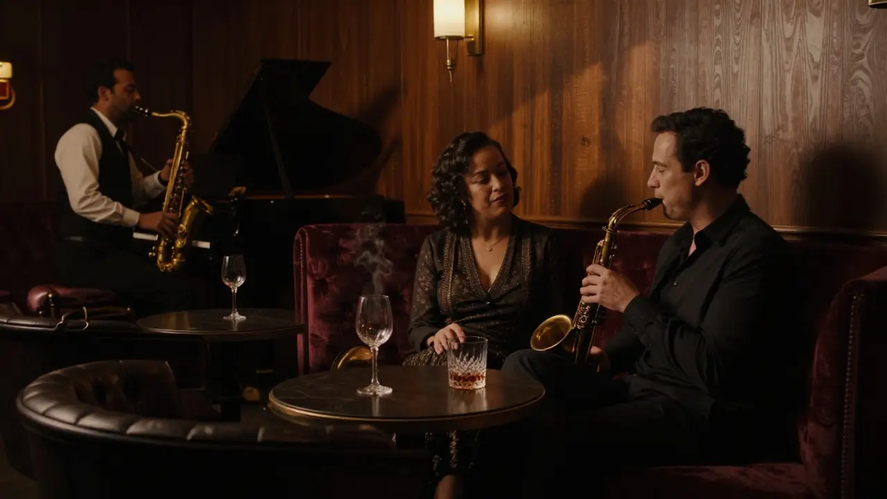 A romantic couple in a dim jazz lounge, bathed in warm amber light, listening to live music in an intimate speakeasy.