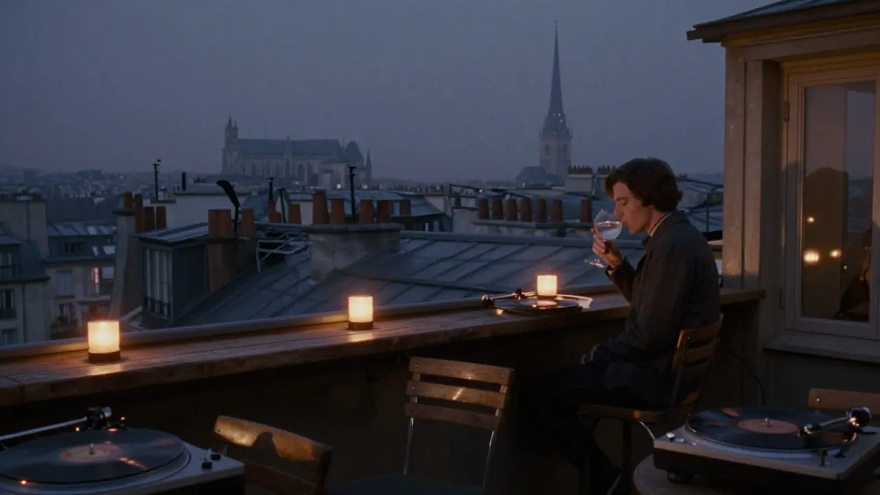 A rooftop bar at night with string lights and a view of Paris sleeping under a starless sky.