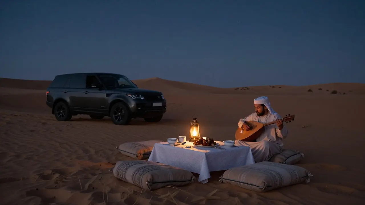 A serene desert dinner under stars with lanterns and a traditional oud player beside a luxury SUV.