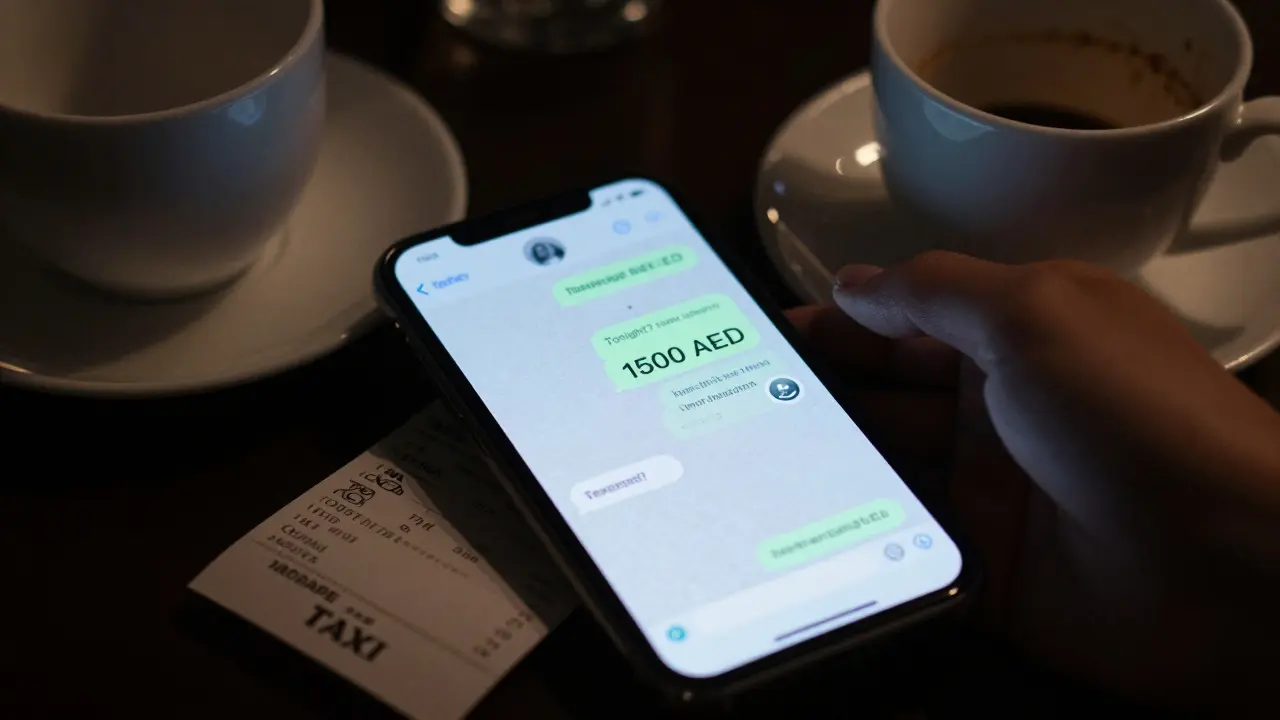 A smartphone screen showing a deleted WhatsApp message about payment in a dark hotel room.