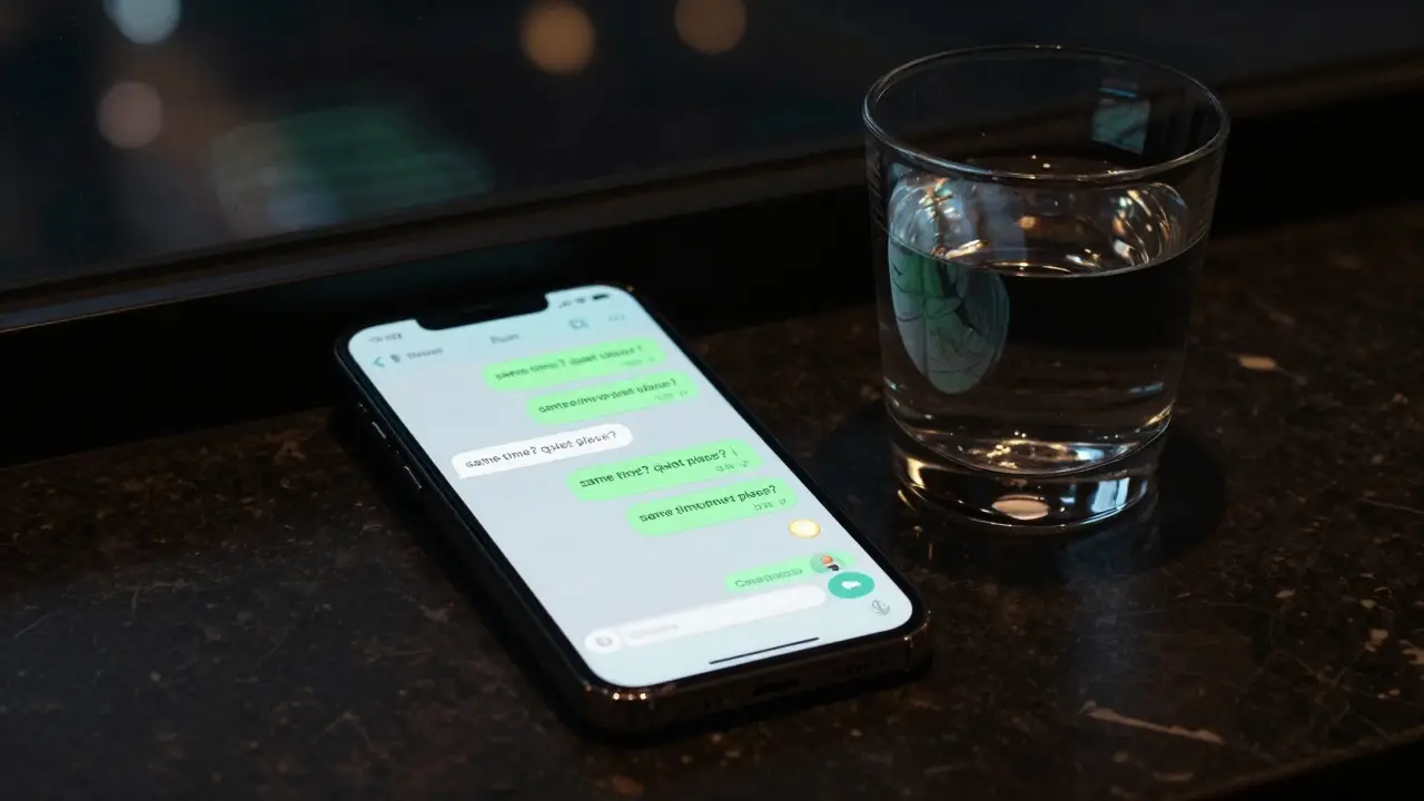 A smartphone screen showing encrypted WhatsApp messages about a discreet meeting, no text readable, dark room ambiance.