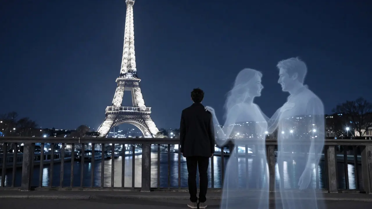 A solitary figure on a bridge at night, the Eiffel Tower sparkling above, with a faint, ghostly companion reflected in the river.