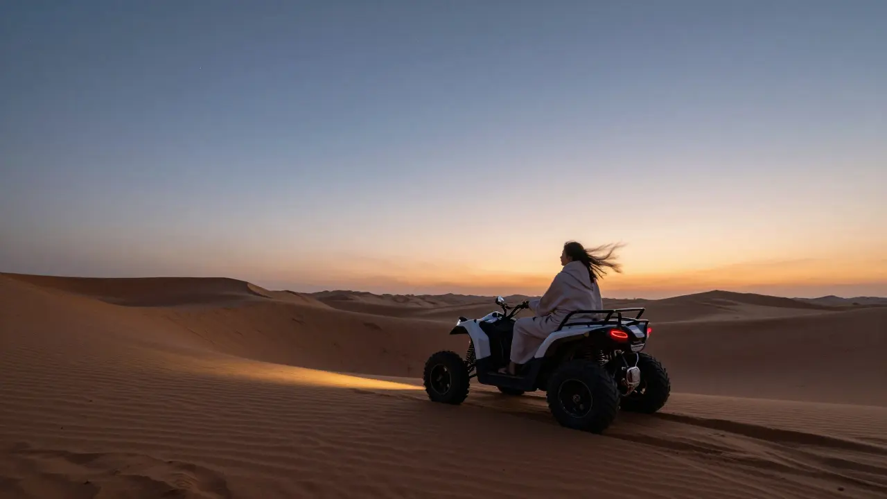A solitary figure on a desert vehicle at twilight, gliding silently over golden dunes as stars appear above.