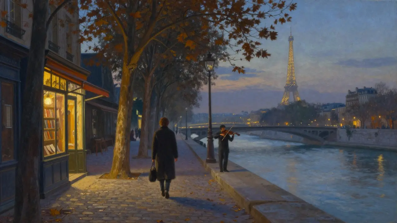 A solitary walker along the Seine at dusk, bookshops and a violinist in the background.