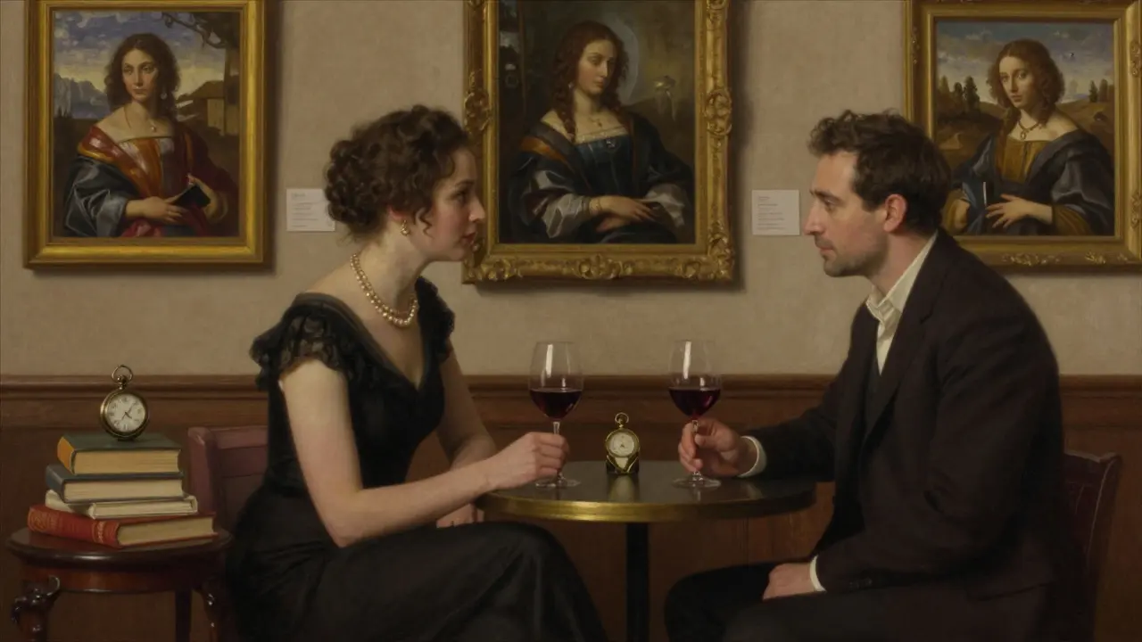 A sophisticated couple converse quietly in a private gallery lounge over wine and art.