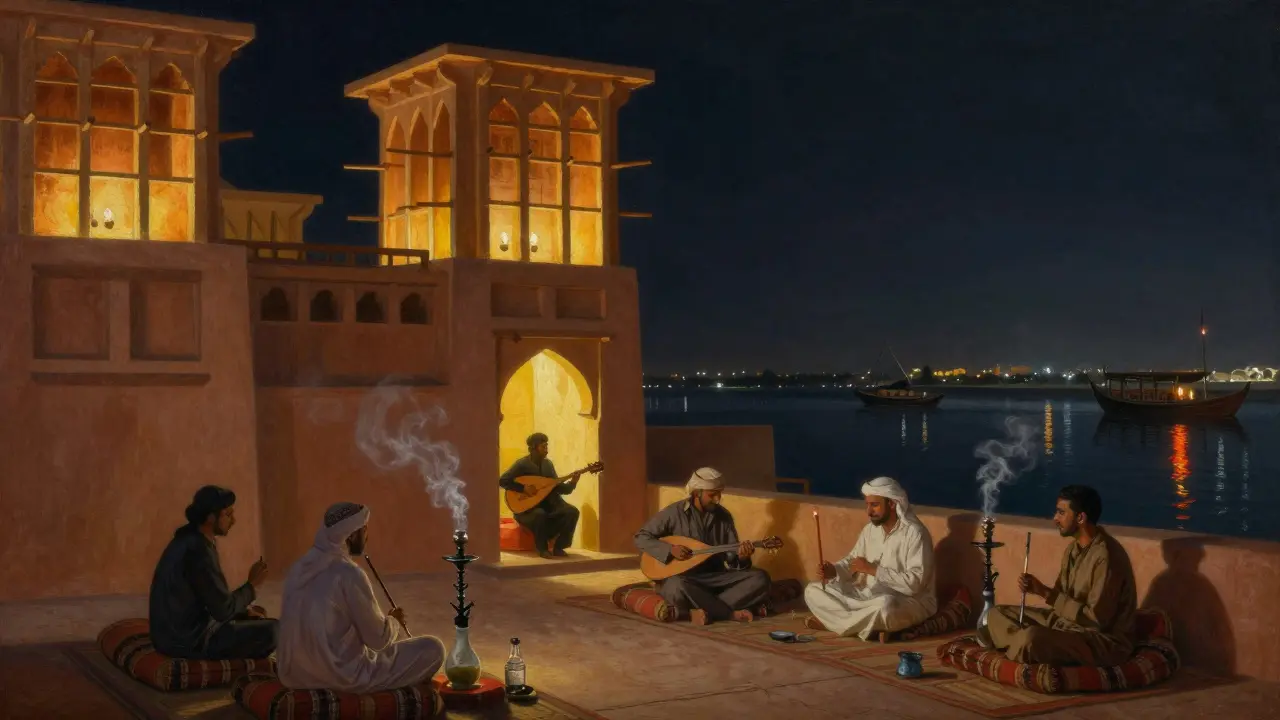 A traditional waterfront district at night, people smoking shisha under lantern light, oud musician playing by the creek, warm glow reflecting on water.