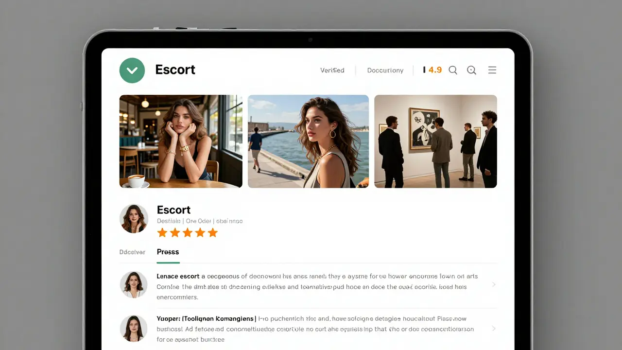 A verified escort profile on a tablet with multiple authentic photos and detailed reviews.