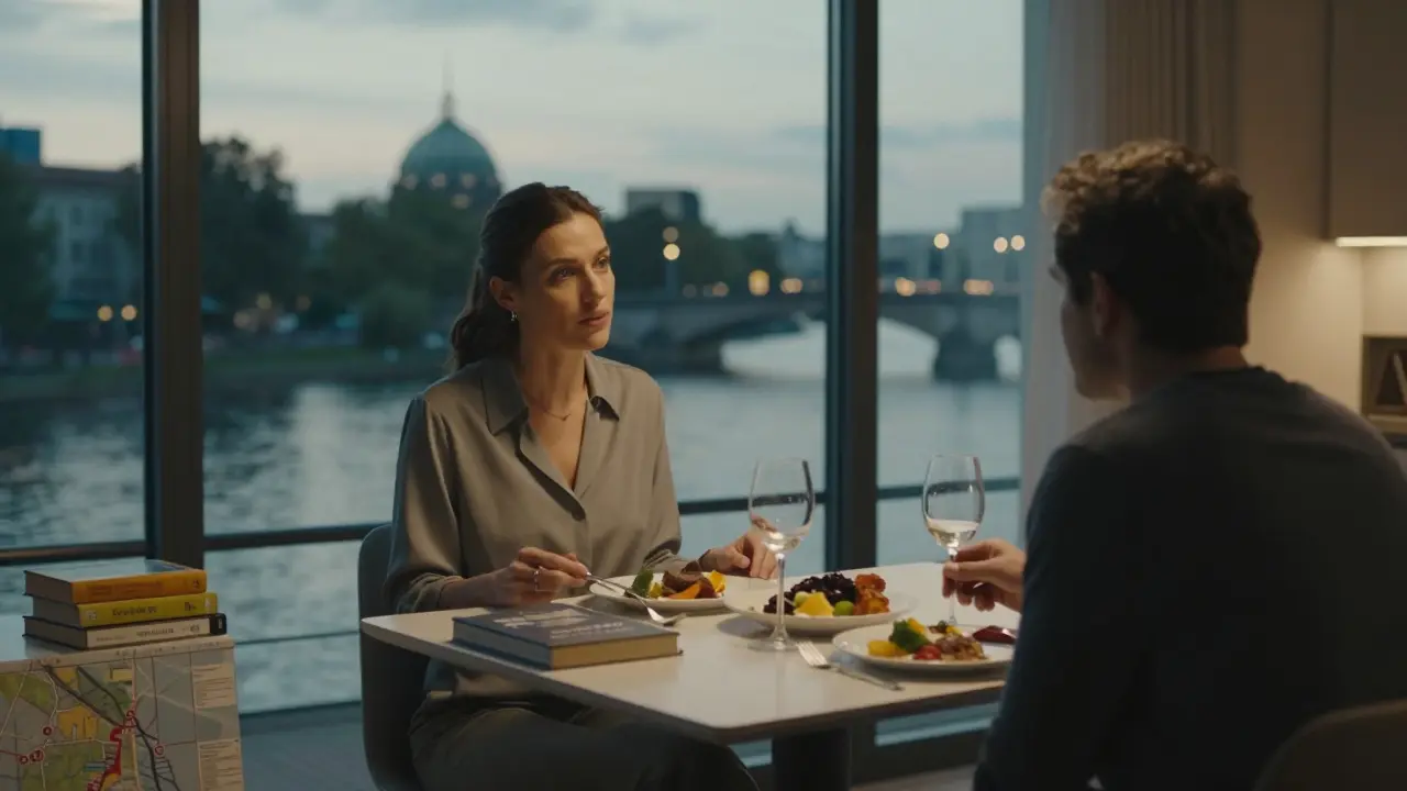 A woman and man having a quiet dinner in a Berlin apartment, engaging in conversation with books and a city map nearby.