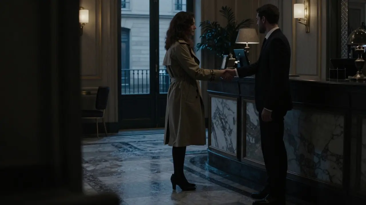 A woman meets a companion discreetly in a luxurious Paris hotel lobby at dusk.