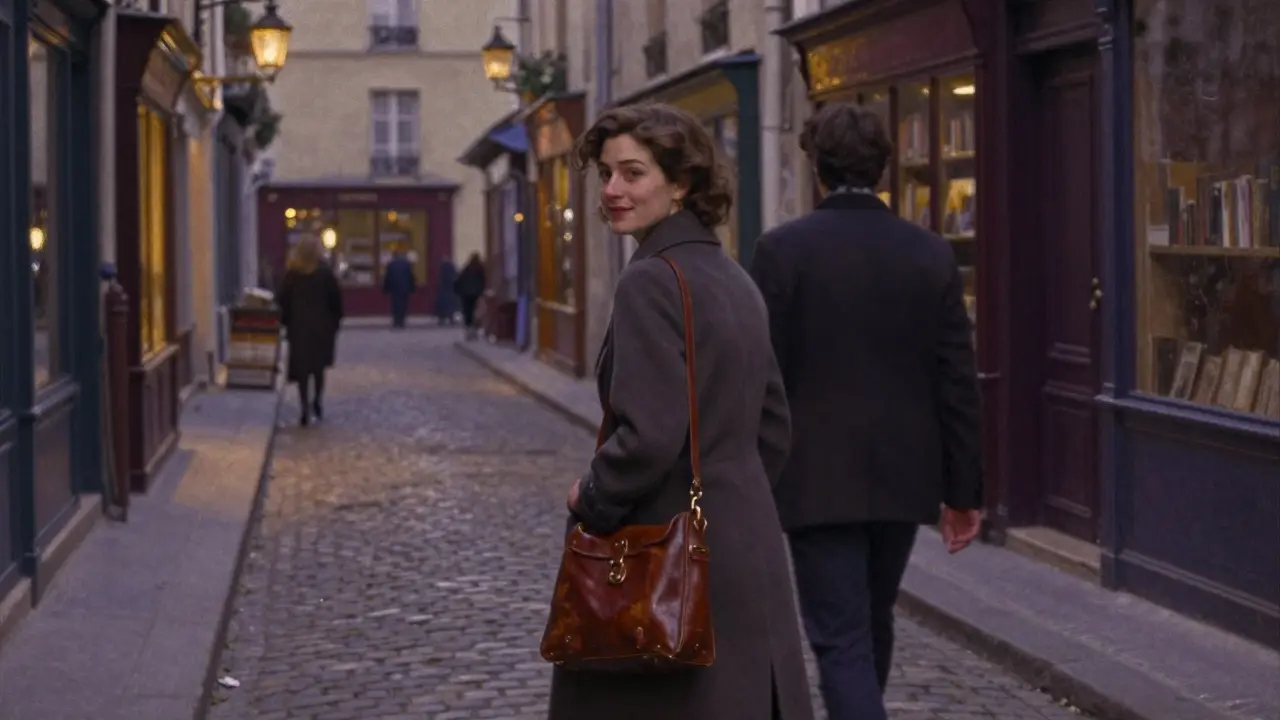 A woman walks through Saint-Germain at dusk, glancing back with a subtle smile amid bookshops and lanterns.