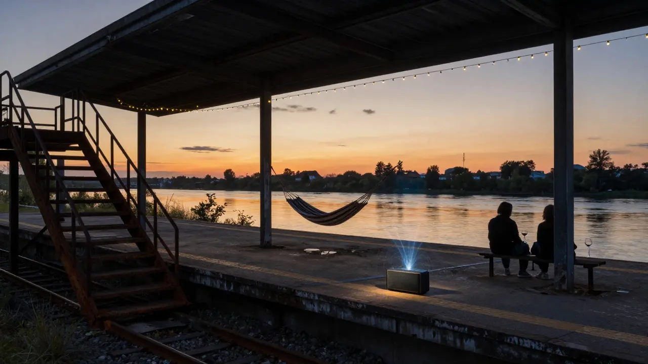 An abandoned railway platform at dusk with hammocks and fairy lights, people sitting silently as the city glows in the distance.