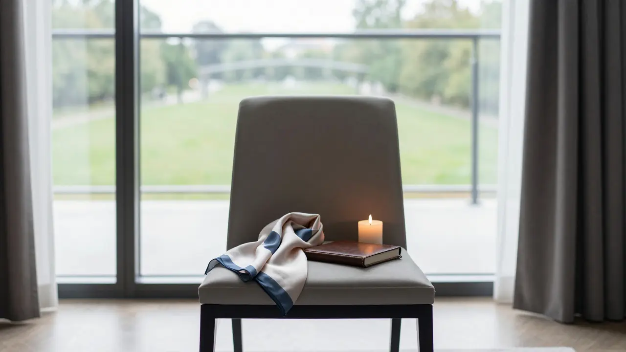 An empty chair in a hotel suite holds a scarf and journal, suggesting a quiet, dignified encounter.