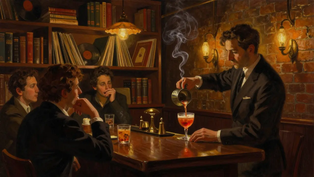 Cozy hidden bar with vintage decor, dim lighting, and a bartender pouring a craft cocktail.