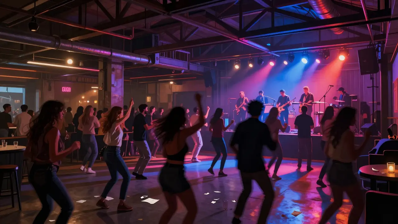 Crowd dancing in an industrial nightclub with exposed beams and neon lights, live band on stage, energetic atmosphere.