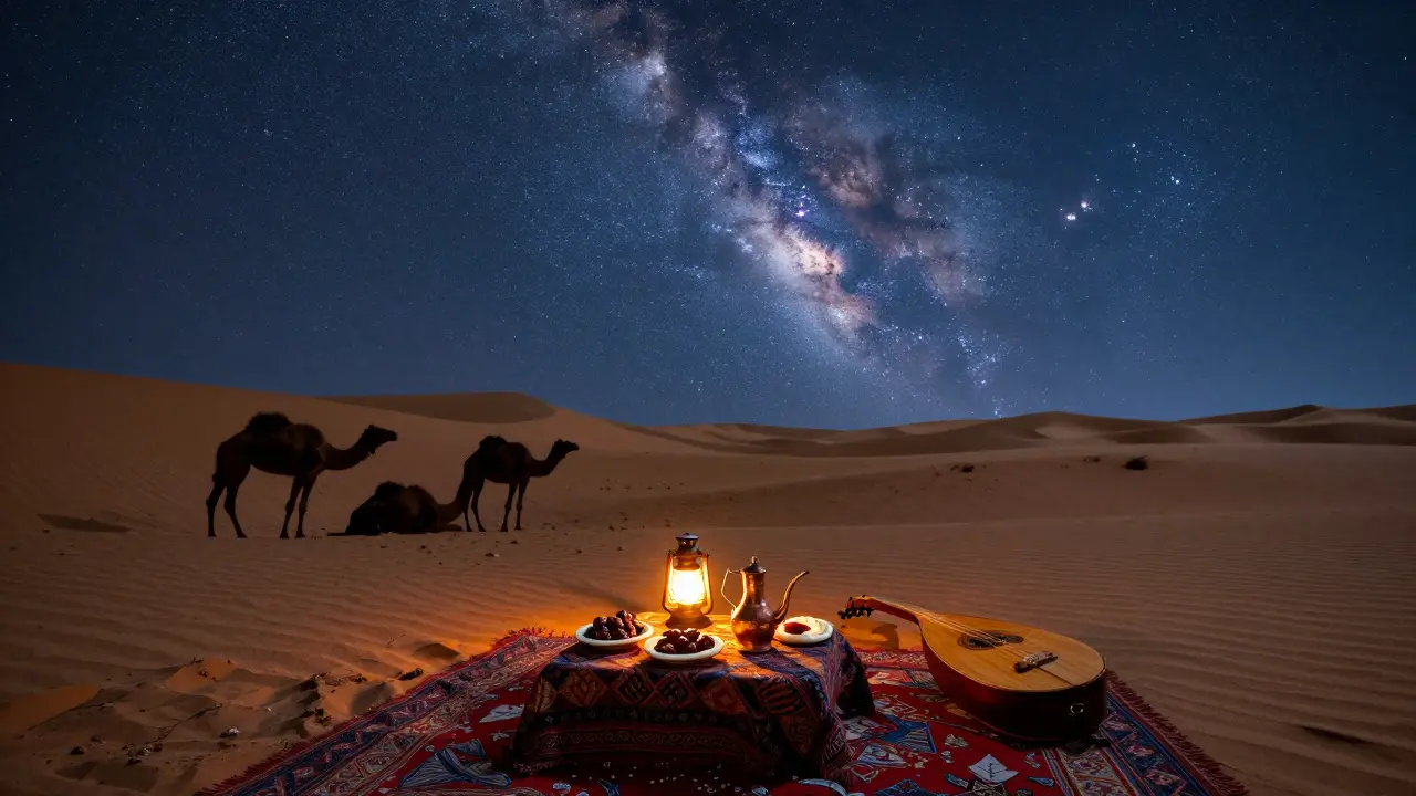 Desert tent under a star-filled sky with Bedouin dinner spread and silent camels in the shadows.