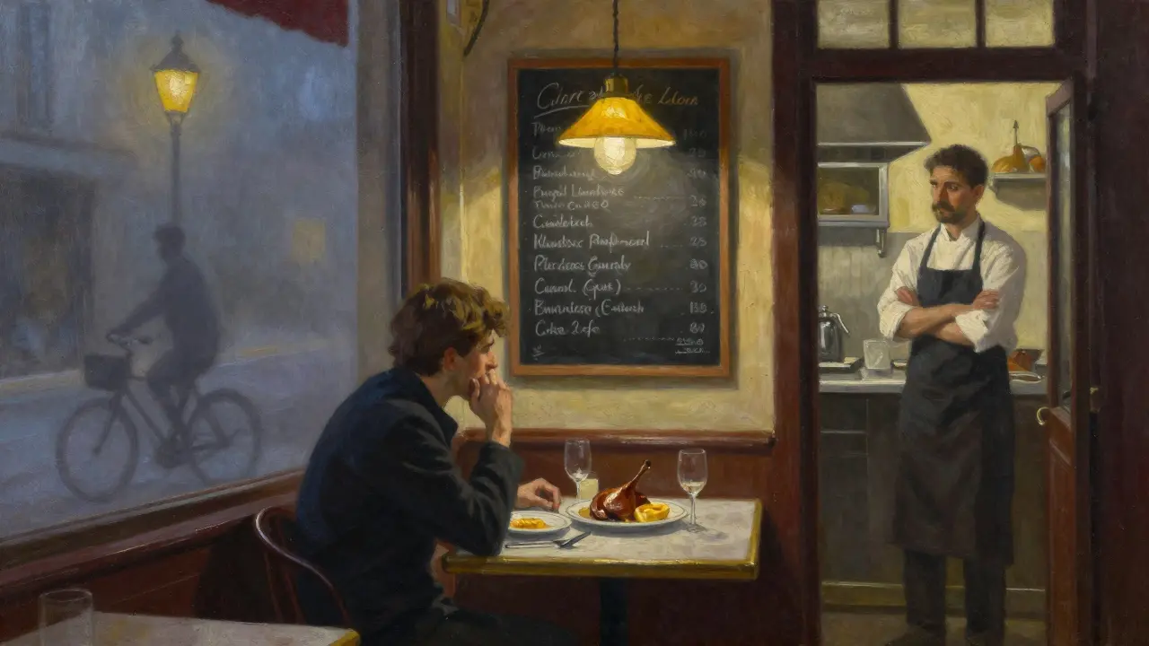 Diner enjoying duck confit and tarte Tatin in a quiet Paris bistro at night.