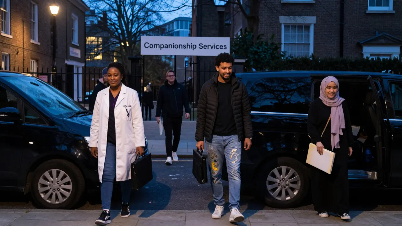 Diverse professionals arriving for companionship services in a quiet London courtyard at dusk.