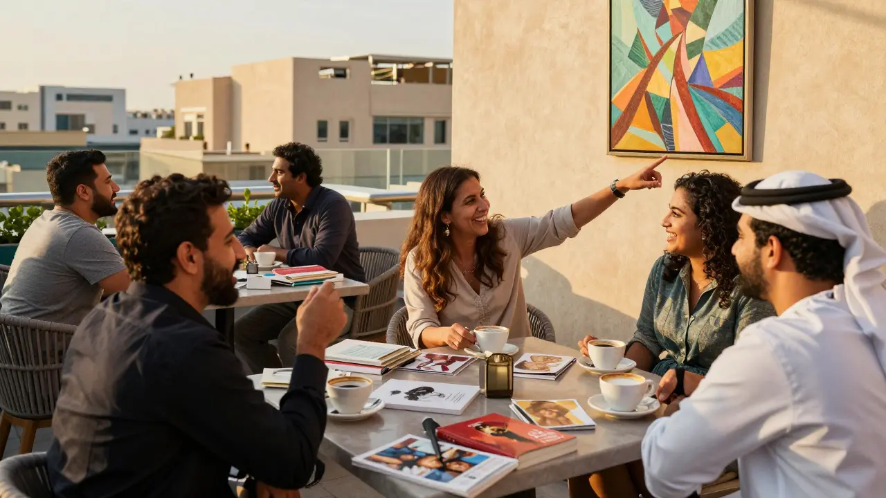 Expats enjoying coffee and conversation at a sunny Dubai rooftop café, surrounded by books and art.