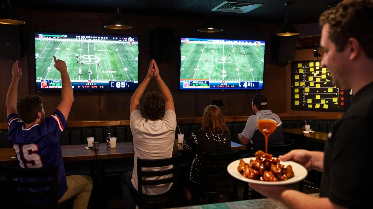 Fans celebrating an NFL touchdown at The Sports Bar &amp; Grill with giant TVs and late-night snacks.