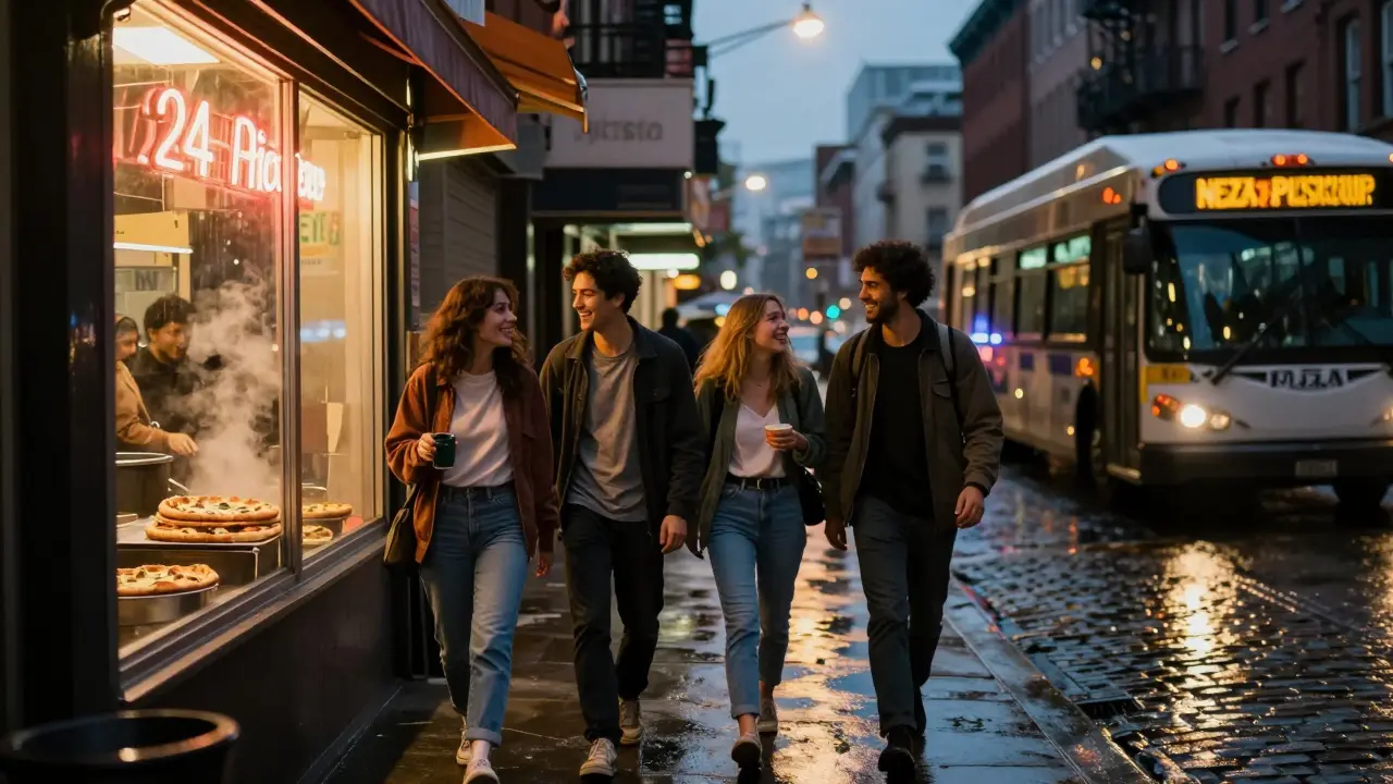 Friends walking past a glowing pizza shop at dawn with a night bus nearby.
