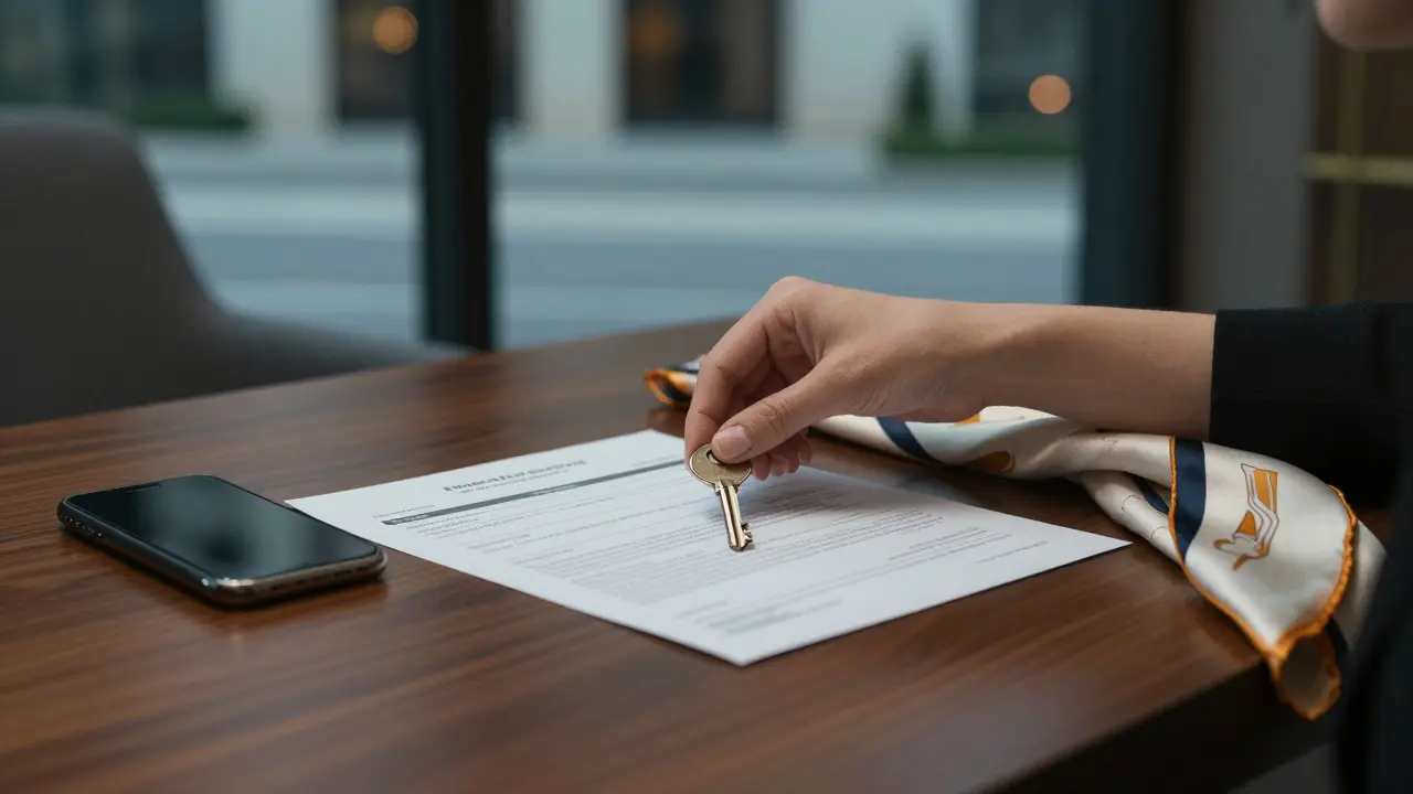 Hand placing a key and burner phone beside a bank statement on a wooden desk.