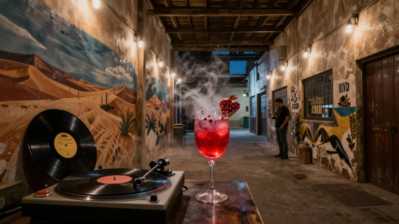 Hidden art bar in Al Quoz with vinyl records and poetic cocktails under soft ambient lighting.