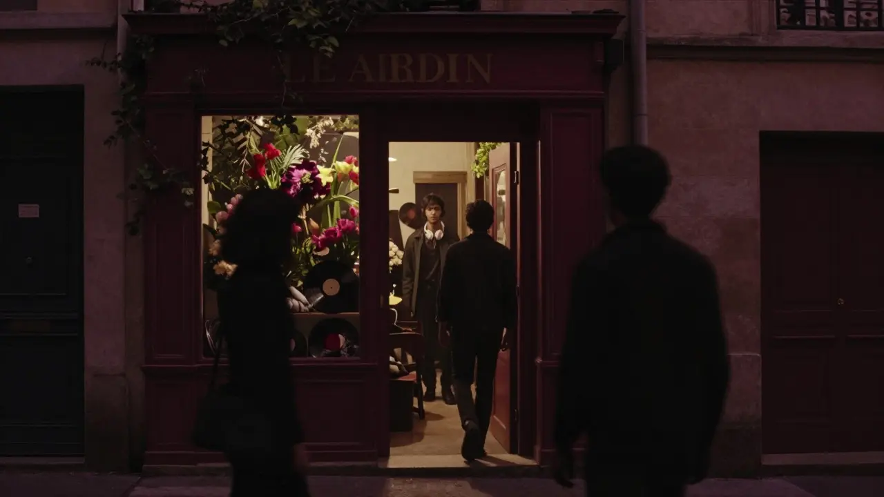 Hidden entrance to Le Jardin nightclub behind a flower shop, dim light glowing from a narrow doorway.