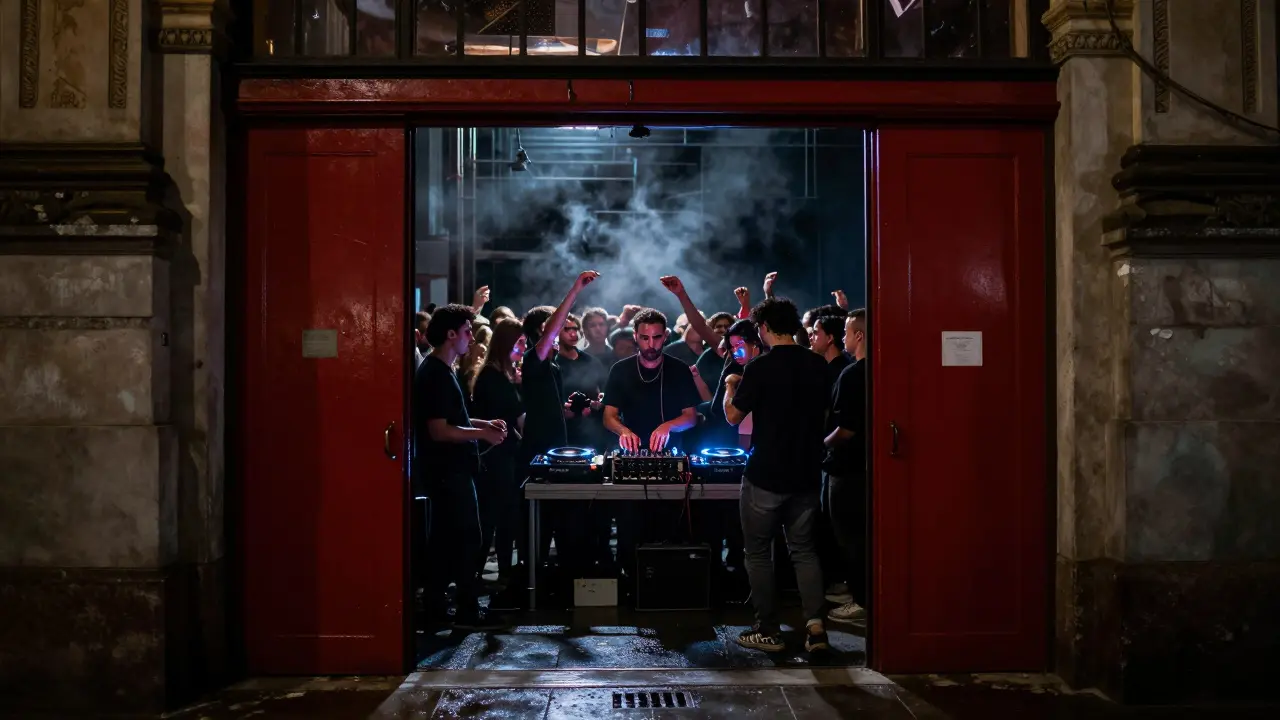 Hidden industrial club with red door, dense crowd moving to techno beats in dim, steamy darkness.