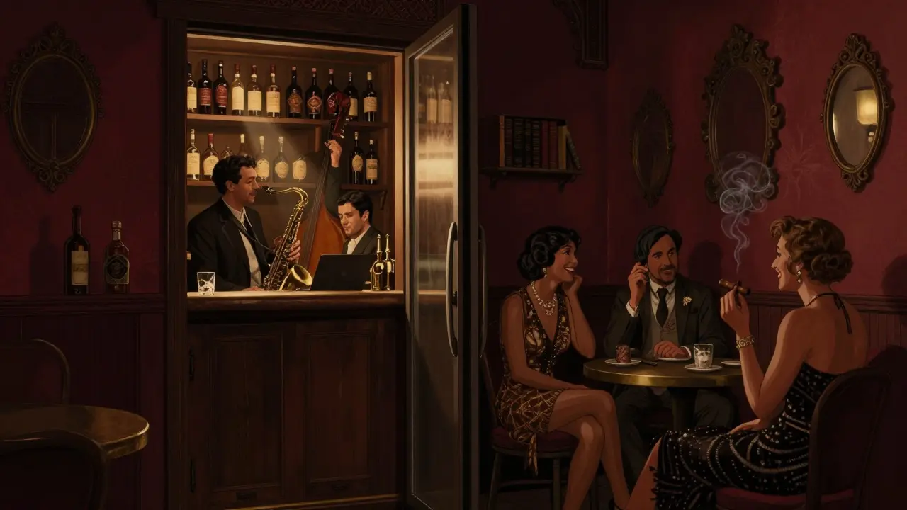 Hidden speakeasy bar with jazz musicians and warm lighting behind a fridge door.