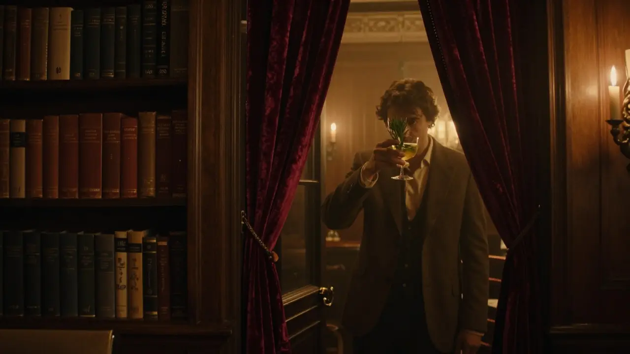 Hidden speakeasy entrance behind a bookshelf, dim light revealing a person sipping a craft cocktail in intimate setting.