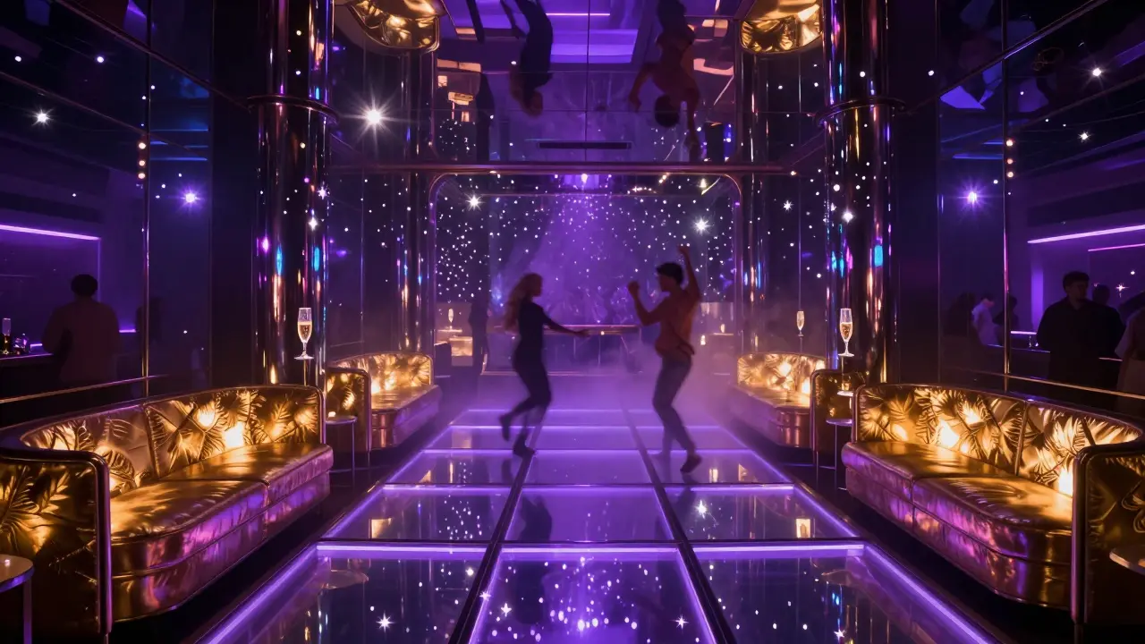 Infinite mirror reflections in a neon-lit nightclub with glowing dance floor.