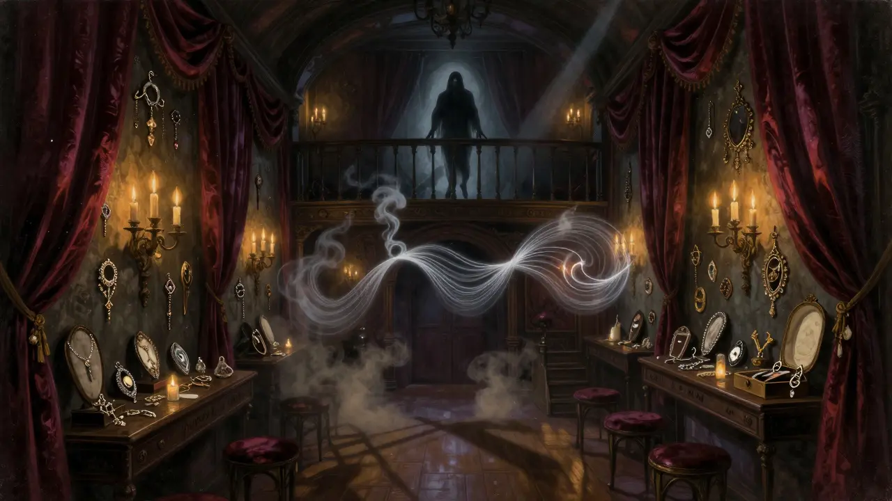 Inside a gothic nightclub once a funeral parlor, candlelight reflects off mourning jewelry as ghostly footsteps appear on an empty balcony.