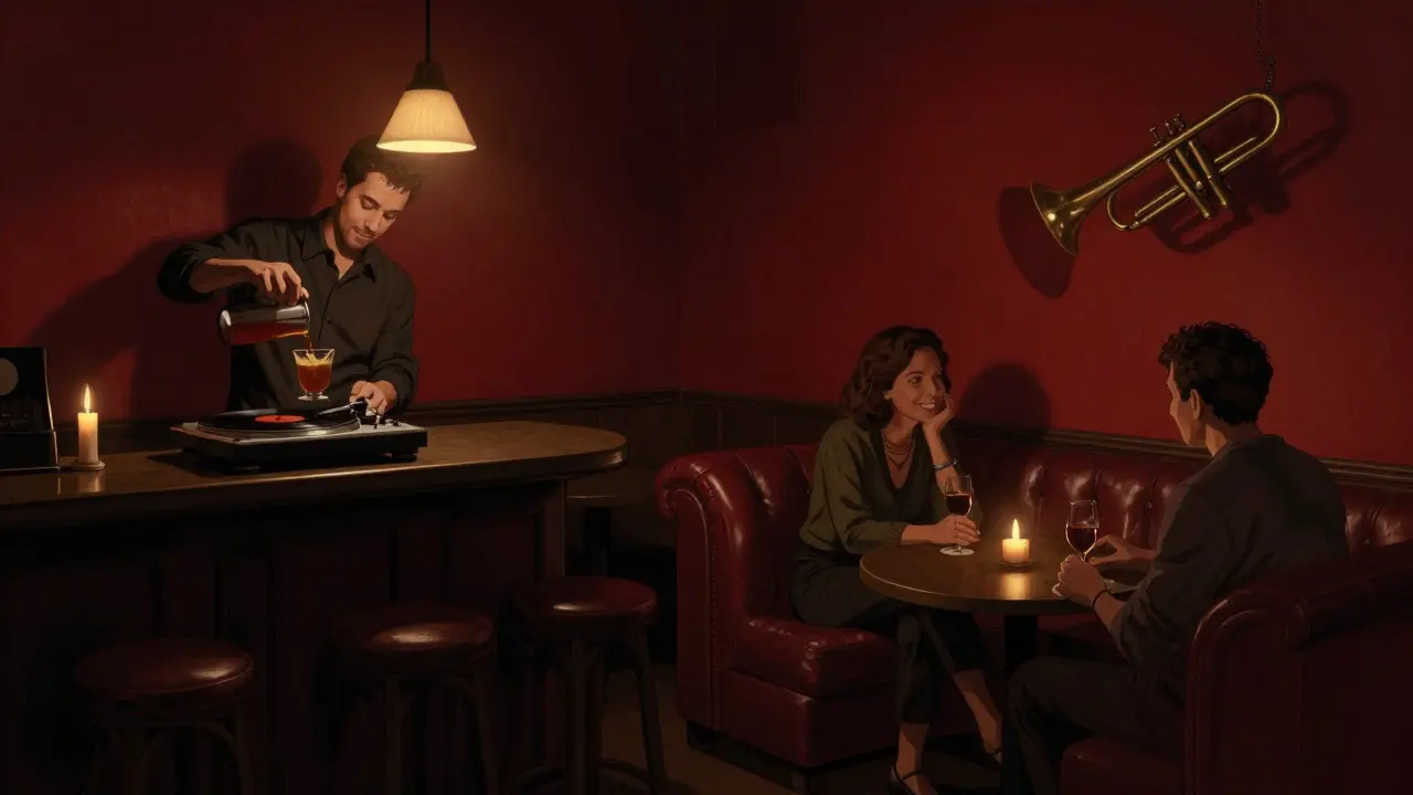 Intimate jazz bar with leather sofas and a bartender pouring cocktails in dim light.